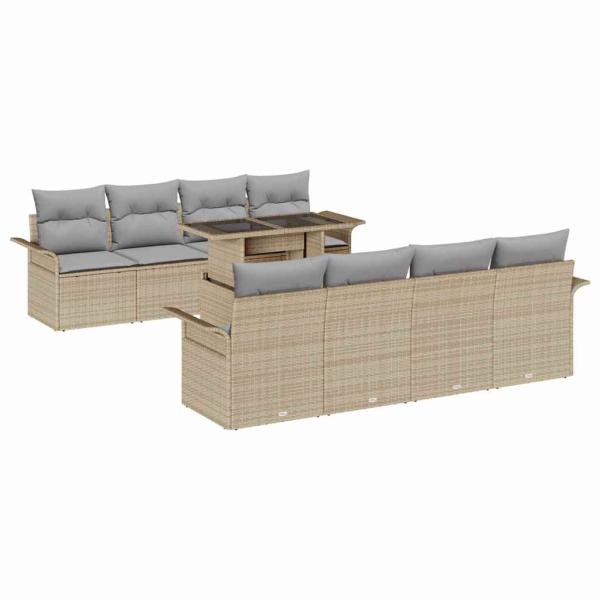 9-teiliges Garten Sofa Set mit Kissen Beige Poly Rattan, 2-Sitzer Garten Sofa mit Stauraum & Kissen Beige Poly Rattan