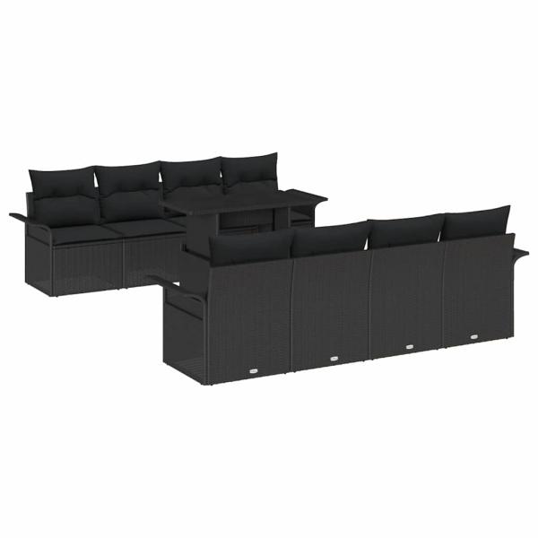 9-teiliges Garten-Sofaset mit Kissen Schwarz Poly-Rattan, 2-Sitzer Garten-Sofa mit Stauraum & Kissen Schwarz Poly-Rattan