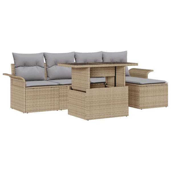 ARDEBO.de - 6-teiliges Garten-Sofa-Set mit Kissen Beige Poly Rattan, 2-Sitzer Garten-Sofa mit Stauraum & Kissen Beige Poly Rattan