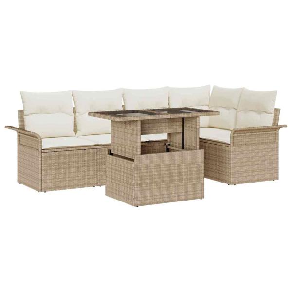 ARDEBO.de - 6-teiliges Garten Sofa Set mit Kissen Beige Poly Rattan, 2-Sitzer Garten Sofa mit Stauraum & Kissen Beige Poly Rattan
