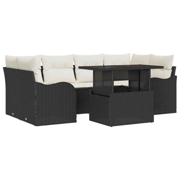 7-teiliges Garten Sofa Set mit Kissen Schwarz Poly Rattan, 2-Sitzer Garten Sofa mit Stauraum & Kissen Schwarz Poly Rattan