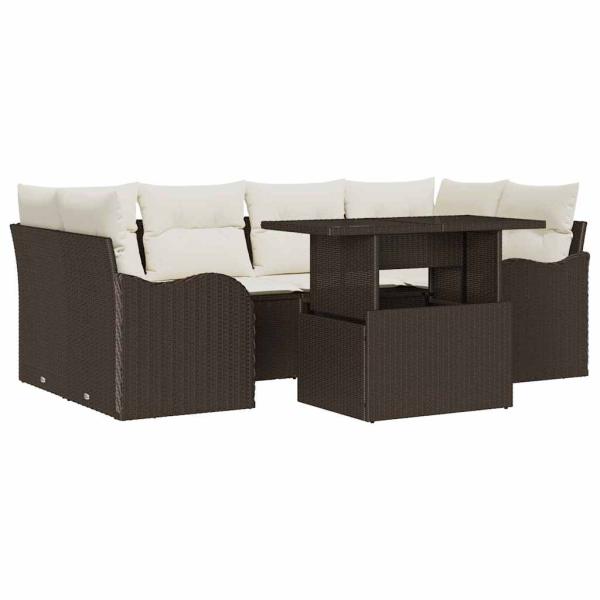 7-teiliges Garten-Sofa-Set mit Kissen Braun Poly Rattan, 2-Sitzer Garten Sofa mit Stauraum & Kissen Braun Poly Rattan