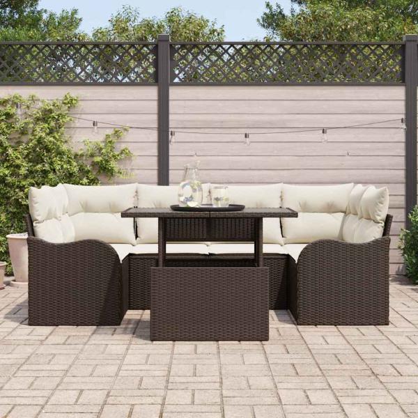 7-teiliges Garten-Sofa-Set mit Kissen Braun Poly Rattan, 2-Sitzer Garten Sofa mit Stauraum & Kissen Braun Poly Rattan