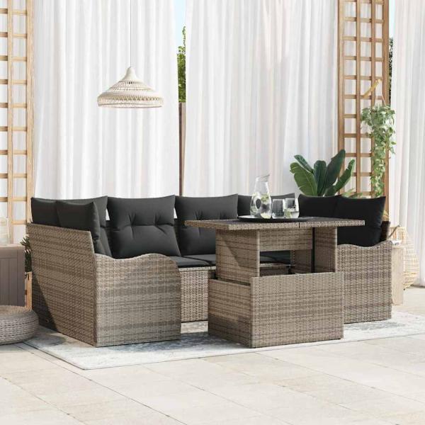 ARDEBO.de - 7-teiliges Garten-Sofa-Set mit Kissen Grau Poly-Rattan, 2-Sitzer Garten-Sofa mit Stauraum und Kissen Grau Poly-Rattan