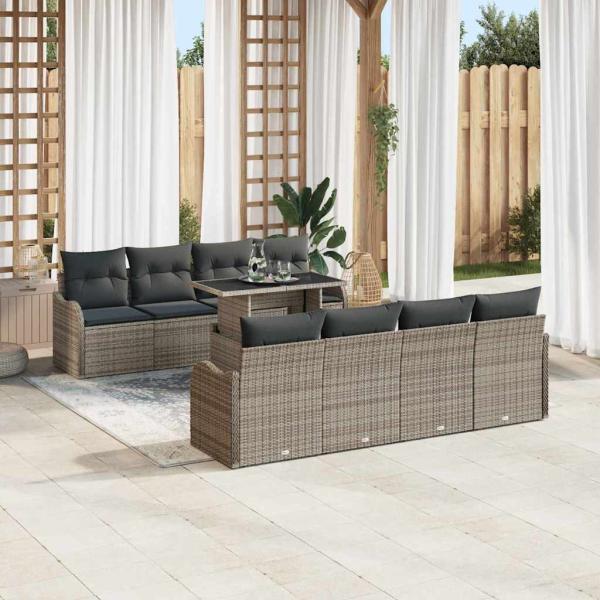 10-teiliges Garten Sofa Set mit Kissen Grau Poly Rattan, 2-Sitzer Garten Sofa mit Stauraum & Kissen Grau Poly Rattan