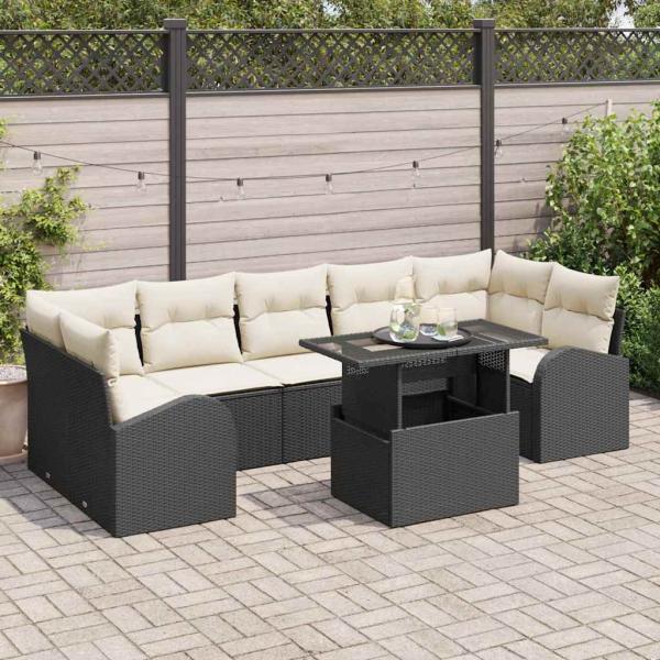 ARDEBO.de - 8-teiliges Garten Sofa Set mit Kissen Schwarz Poly Rattan, 2-Sitzer Garten Sofa mit Stauraum & Kissen Schwarz Poly Rattan