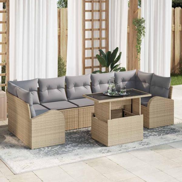 ARDEBO.de - 8-teiliges Garten Sofa Set mit Kissen Beige Poly Rattan, 2-Sitzer Garten Sofa mit Stauraum & Kissen Beige Poly Rattan