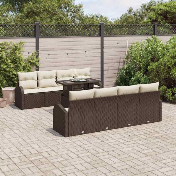 ARDEBO.de - 9-teiliges Garten Sofa Set mit Kissen Braun Poly Rattan, 2-Sitzer Garten Sofa mit Stauraum & Kissen Braun Poly Rattan