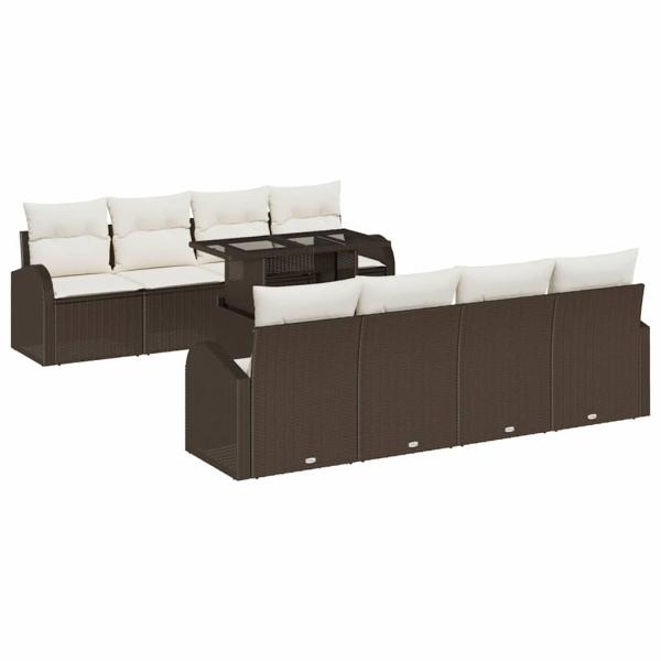 9-teiliges Garten Sofa Set mit Kissen Braun Poly Rattan, 2-Sitzer Garten Sofa mit Stauraum & Kissen Braun Poly Rattan