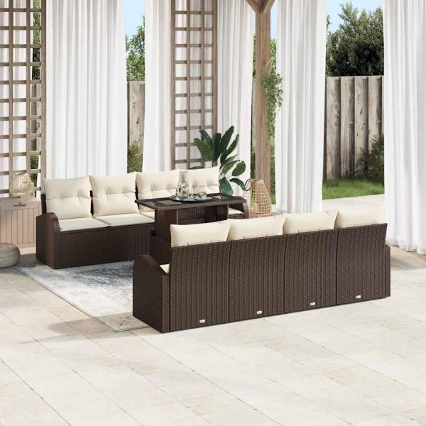 9-teiliges Garten Sofa Set mit Kissen Braun Poly Rattan, 2-Sitzer Garten Sofa mit Stauraum & Kissen Braun Poly Rattan