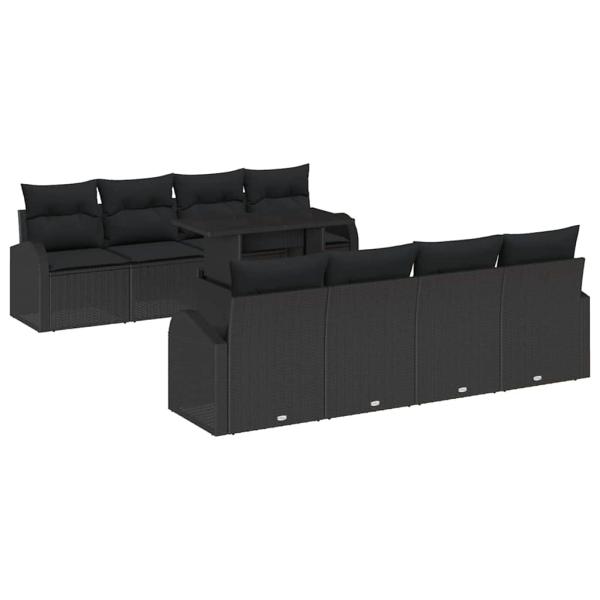 9-teiliges Garten Sofa Set mit Kissen Schwarz Poly Rattan, 2-Sitzer Garten Sofa mit Stauraum & Kissen Schwarz Poly Rattan