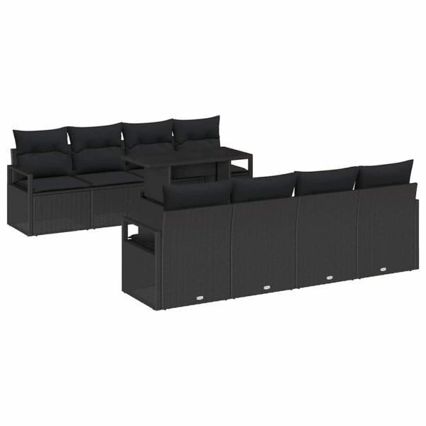 9-teiliges Garten Sofa Set mit Kissen Schwarz Poly Rattan, 2-Sitzer Garten Sofa mit Stauraum & Kissen Schwarz Poly Rattan