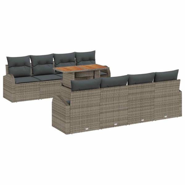9-teiliges Garten-Sofa-Set mit Kissen Grau Poly-Rattan, 2-Sitzer Garten-Sofa mit Stauraum & Kissen Grau Poly-Rattan