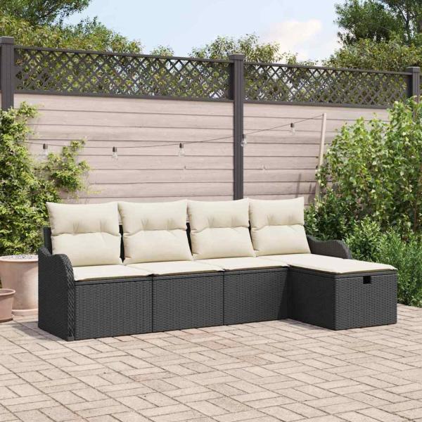 ARDEBO.de - 5-teiliges Garten Sofa Set mit Kissen in Schwarz Poly Rattan, 2-Sitzer Garten Sofa mit Kissen in Schwarz Poly Rattan