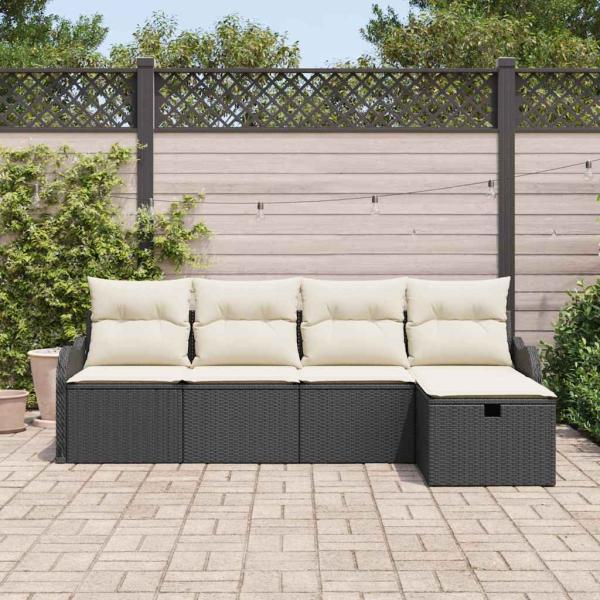5-teiliges Garten Sofa Set mit Kissen in Schwarz Poly Rattan, 2-Sitzer Garten Sofa mit Kissen in Schwarz Poly Rattan
