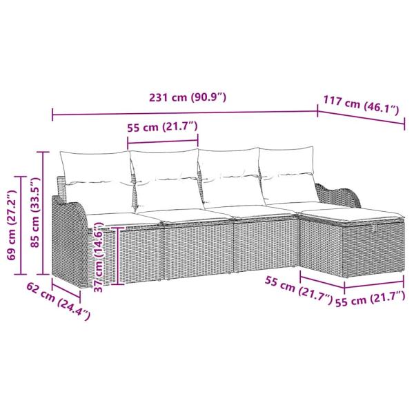 5-teiliges Garten Sofa Set mit Kissen in Schwarz Poly Rattan, 2-Sitzer Garten Sofa mit Kissen in Schwarz Poly Rattan