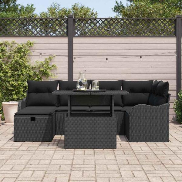 7-teiliges Garten Sofa Set mit Kissen Schwarz Poly Rattan, 2-Sitzer Garten Sofa mit Stauraum & Kissen Schwarz Poly Rattan