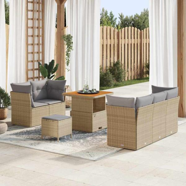 ARDEBO.de - 8-teiliges Garten Sofa Set mit Kissen Beige Poly Rattan Akazie, 3-teiliges Garten Esszimmer Set mit Kissen Beige Poly Rattan Akazie