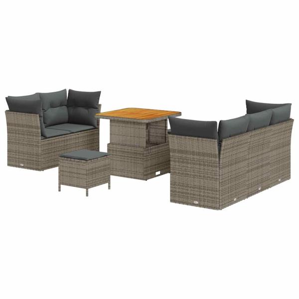 ARDEBO.de - 8-teiliges Garten Sofaset mit Kissen Grau Poly Rattan Akazie, 3-teiliges Garten Essenset mit Kissen Grau Poly Rattan Akazie