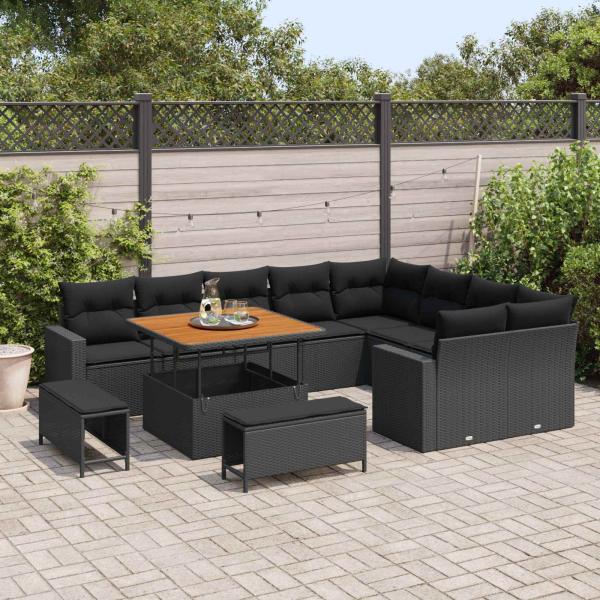 12-teiliges Garten Sofa Set mit Kissen Schwarz Poly Rattan Akazie, 3-teiliges Garten Esszimmer Set mit Kissen Schwarz Poly Rattan Akazie