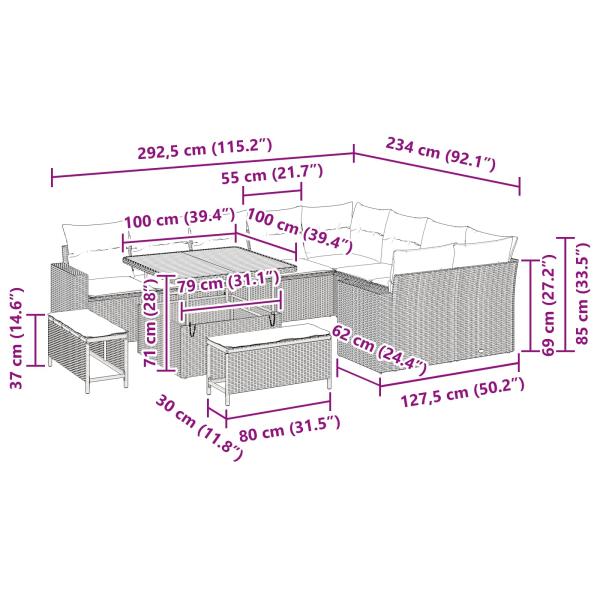 12-teiliges Garten Sofa Set mit Kissen Schwarz Poly Rattan Akazie, 3-teiliges Garten Esszimmer Set mit Kissen Schwarz Poly Rattan Akazie