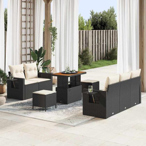 ARDEBO.de - 8-teiliges Garten Sofa Set mit Kissen Schwarz Poly Rattan Akazie, 3-teiliges Garten Esszimmer Set mit Kissen Schwarz Poly Rattan Akazie