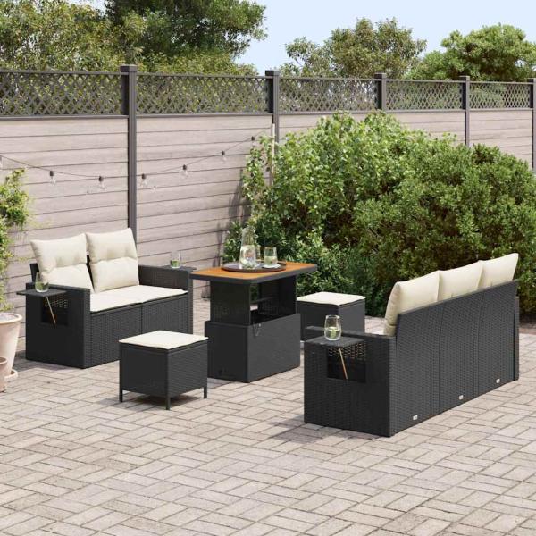 8-teiliges Garten Sofa Set mit Kissen Schwarz Poly Rattan Akazie, 3-teiliges Garten Esszimmer Set mit Kissen Schwarz Poly Rattan Akazie