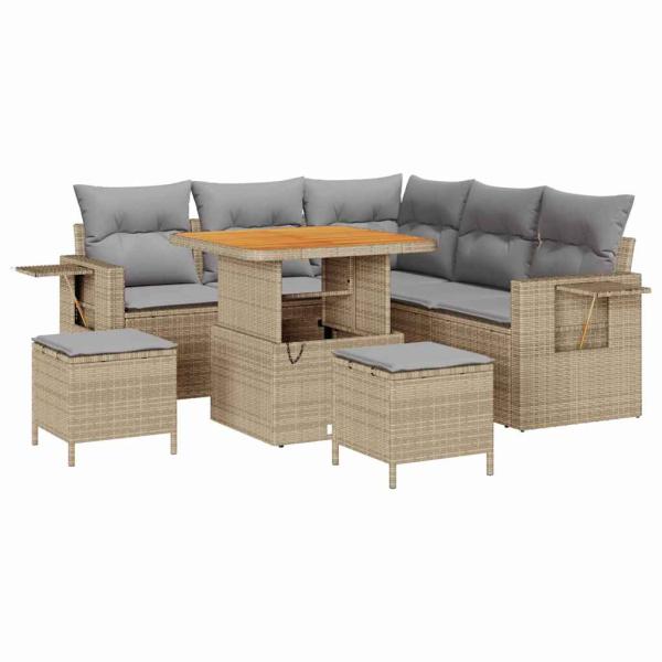8-teiliges Garten Sofa Set mit Kissen Beige Poly Rattan Akazie, 3-teiliges Garten Esszimmer Set mit Kissen Beige Poly Rattan Akazie