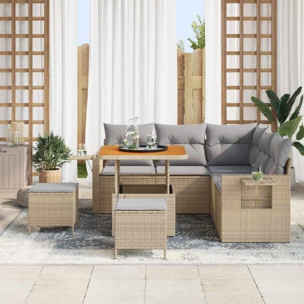 8-teiliges Garten Sofa Set mit Kissen Beige Poly Rattan Akazie, 3-teiliges Garten Esszimmer Set mit Kissen Beige Poly Rattan Akazie