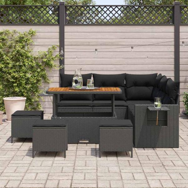 9-teiliges Garten Sofa Set mit Kissen - Schwarzes Poly-Rattan Akazie, 4-teiliges Garten Essen Set mit Kissen - Schwarzes Poly-Rattan Akazie