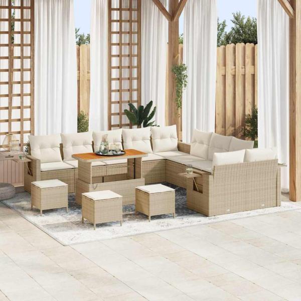 ARDEBO.de - 14-teilige Garten Sofa Set mit Kissen Beige Poly Rattan Akazie, 4-teiliges Garten Esszimmer Set mit Kissen Beige Poly Rattan Akazie