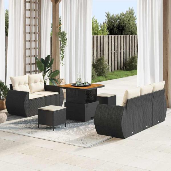 ARDEBO.de - 8 Teiliges Garten Sofa Set mit Kissen Schwarz Poly Rattan Akazie, 3 Teiliges Garten Essset mit Kissen Schwarz Poly Rattan Akazie