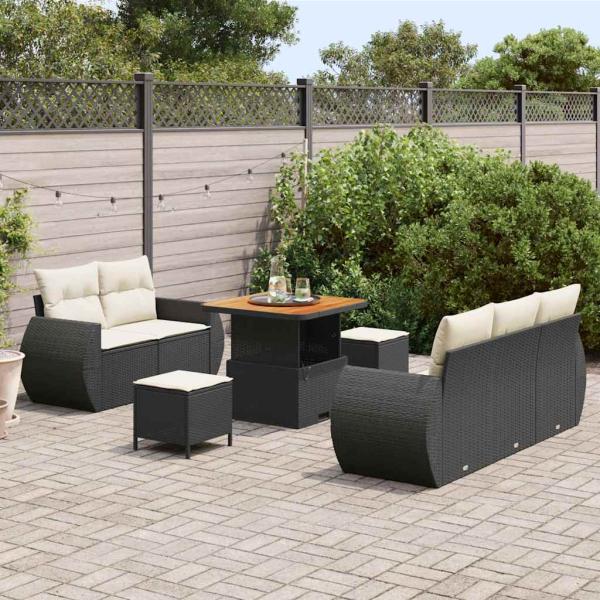 8 Teiliges Garten Sofa Set mit Kissen Schwarz Poly Rattan Akazie, 3 Teiliges Garten Essset mit Kissen Schwarz Poly Rattan Akazie