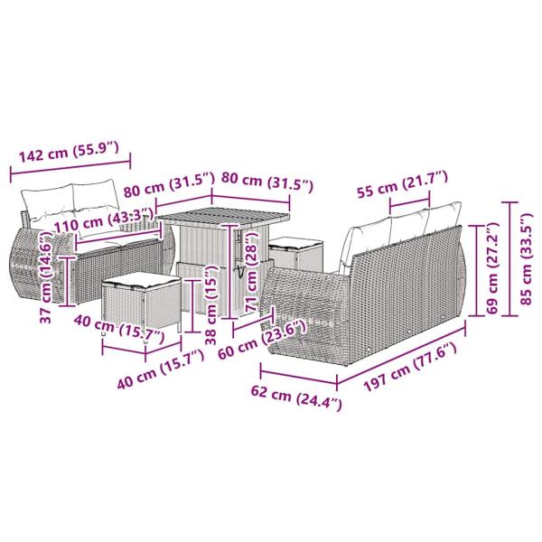 8-teiliges Garten-Sofa-Set mit Kissen in Beige aus Poly-Rattan und Akazienholz, 3-teiliges Garten-Ess-Set mit Kissen in Beige aus Poly-Rattan und Akazienholz