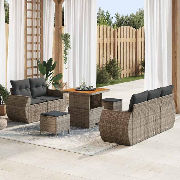ARDEBO.de - 8-teiliges Garten Sofa Set mit Kissen aus grauem Poly Rattan und Akazie, 3-teiliges Garten Essset mit Kissen aus grauem Poly Rattan und Akazie