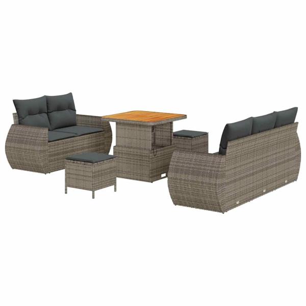 8-teiliges Garten Sofa Set mit Kissen aus grauem Poly Rattan und Akazie, 3-teiliges Garten Essset mit Kissen aus grauem Poly Rattan und Akazie