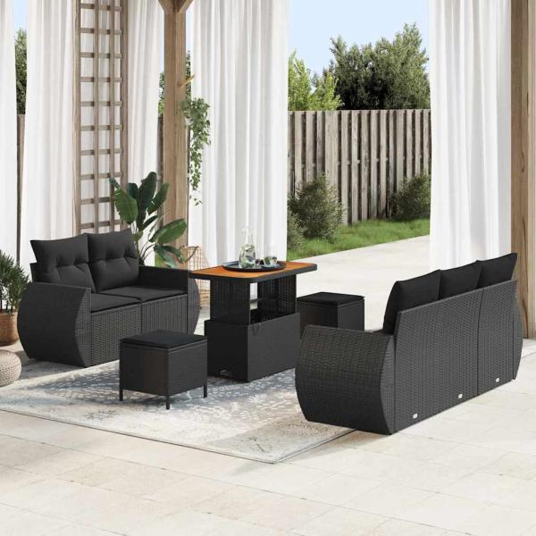 ARDEBO.de - 8-teiliges Garten-Sofa-Set mit Kissen Schwarz Poly-Rattan Akazie, 3-teiliges Garten-Ess-Set mit Kissen Schwarz Poly-Rattan Akazie