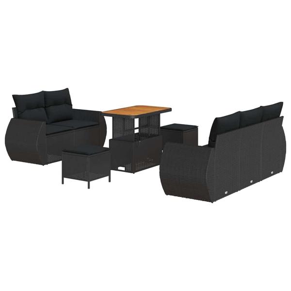 8-teiliges Garten-Sofa-Set mit Kissen Schwarz Poly-Rattan Akazie, 3-teiliges Garten-Ess-Set mit Kissen Schwarz Poly-Rattan Akazie