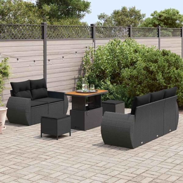 8-teiliges Garten-Sofa-Set mit Kissen Schwarz Poly-Rattan Akazie, 3-teiliges Garten-Ess-Set mit Kissen Schwarz Poly-Rattan Akazie