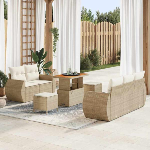 ARDEBO.de - 8-teiliges Garten-Sofa-Set mit Kissen Beige Poly-Rattan Akazie, 3-teiliges Garten-Ess-Set mit Kissen Beige Poly-Rattan Akazie