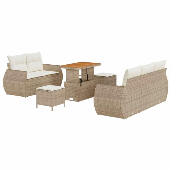 8-teiliges Garten-Sofa-Set mit Kissen Beige Poly-Rattan Akazie, 3-teiliges Garten-Ess-Set mit Kissen Beige Poly-Rattan Akazie