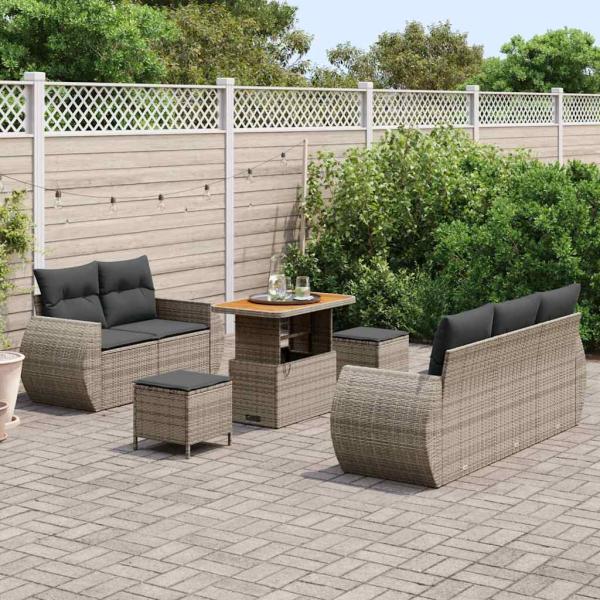 8-teiliges Garten Sofa Set mit Kissen Grau Poly Rattan Akazie, 3-teiliges Garten Esszimmer Set mit Kissen Grau Poly Rattan Akazie
