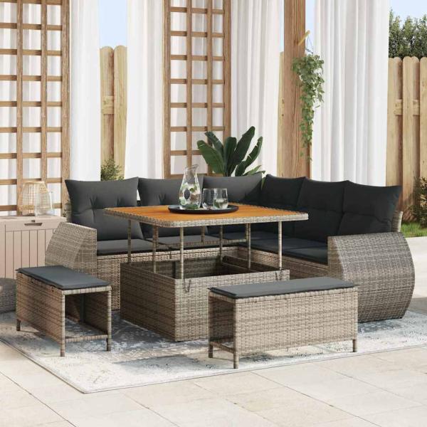 ARDEBO.de - 8-teiliges Garten Sofa Set mit Kissen Grau Poly Rattan Akazie, 3-teiliges Garten Sofa Set mit Kissen Grau Poly Rattan Akazie