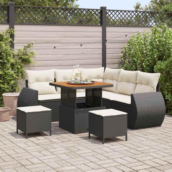 ARDEBO.de - 8-teiliges Garten Sofa Set mit Kissen Schwarz Poly Rattan Akazie, 3-teiliges Garten Essset mit Kissen Schwarz Poly Rattan Akazie