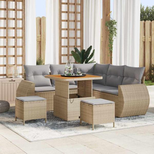 ARDEBO.de - 8-teiliges Garten Sofa Set mit Kissen Beige Poly Rattan Akazie, 3-teiliges Garten Ess Set mit Kissen Beige Poly Rattan Akazie