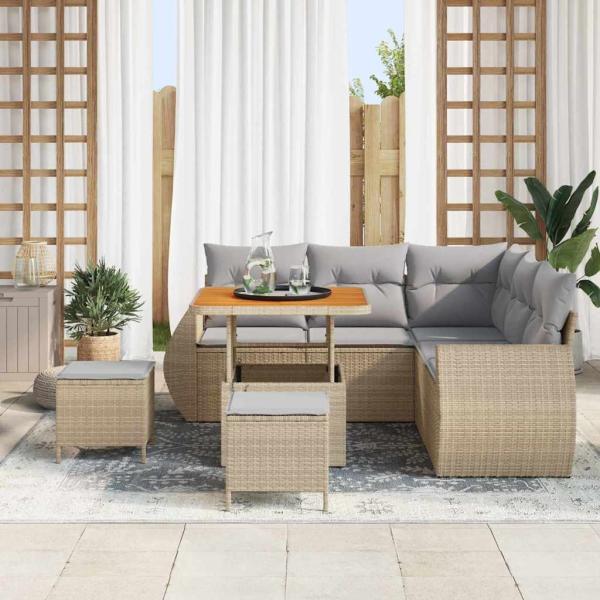 8-teiliges Garten Sofa Set mit Kissen Beige Poly Rattan Akazie, 3-teiliges Garten Ess Set mit Kissen Beige Poly Rattan Akazie