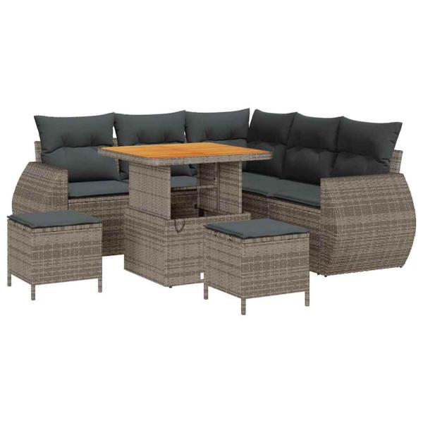 ARDEBO.de - 8-teiliges Garten-Sofa-Set mit Kissen Grau Poly Rattan Akazie, 3-teiliges Garten-Dining-Set mit Kissen Grau Poly Rattan Akazie