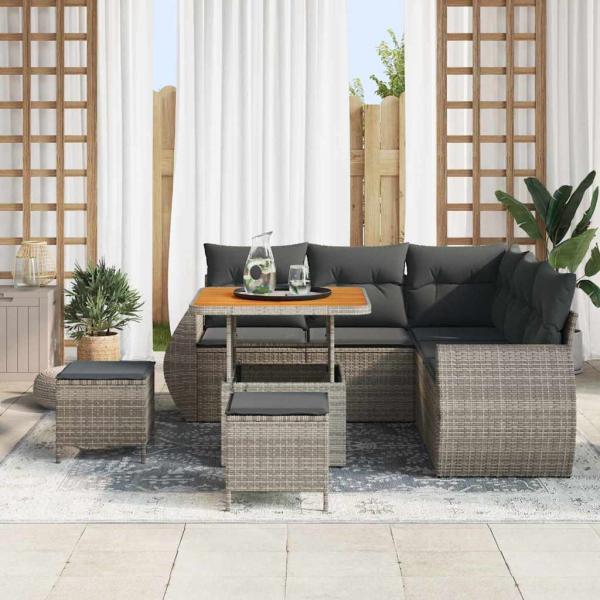 8-teiliges Garten-Sofa-Set mit Kissen Grau Poly Rattan Akazie, 3-teiliges Garten-Dining-Set mit Kissen Grau Poly Rattan Akazie