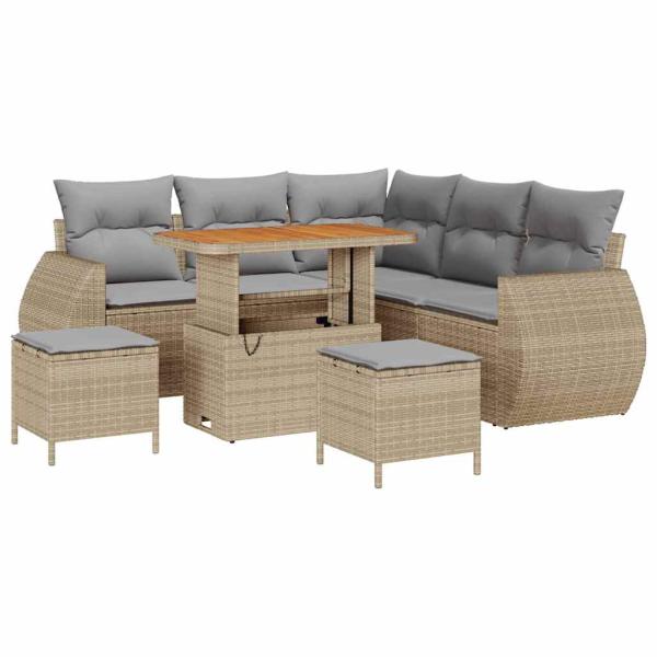 ARDEBO.de - 8-teiliges Garten-Sofaset mit Kissen Beige Poly Rattan Akazie, 3-teiliges Garten-Essgruppe mit Kissen Beige Poly Rattan Akazie