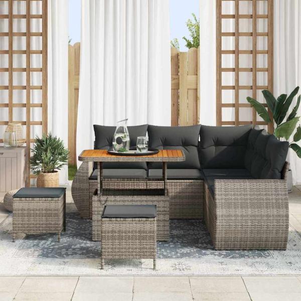 8-teiliges Garten-Sofa Set mit Kissen Grau Poly-Rattan Akazie, 3-teiliges Garten-Esszimmer Set mit Kissen Grau Poly-Rattan Akazie